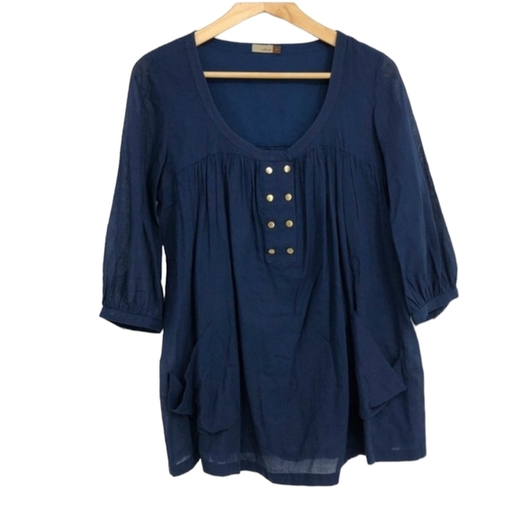 Wilfred Aritzia Navy Blue 3/4  balloon sleeve gold studded scoop neckline tunic - Picture 1 of 15